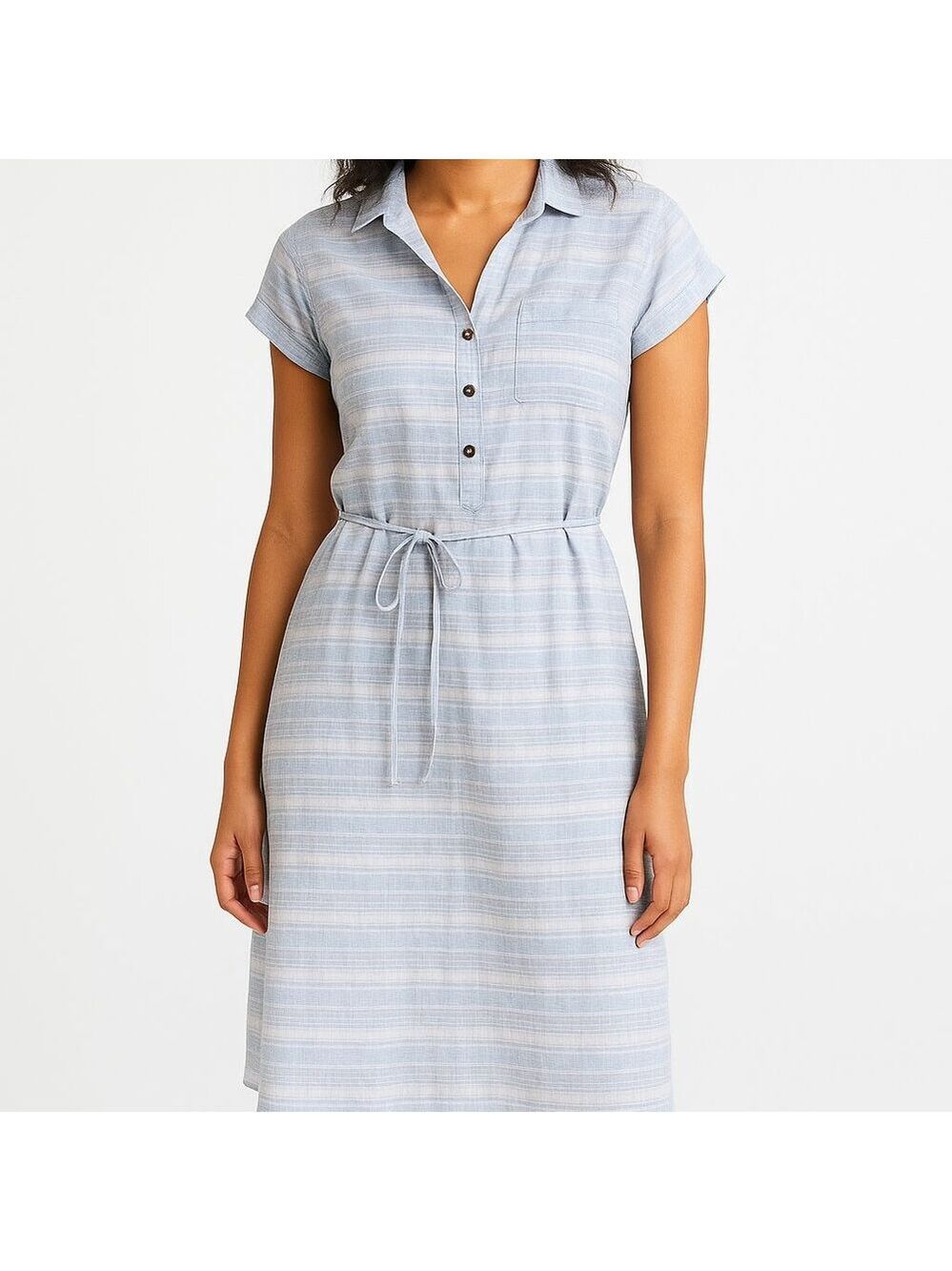 Orvis Linen Dress Womens Small Striped Short Sleeve Tie Waist Summer Coastal
